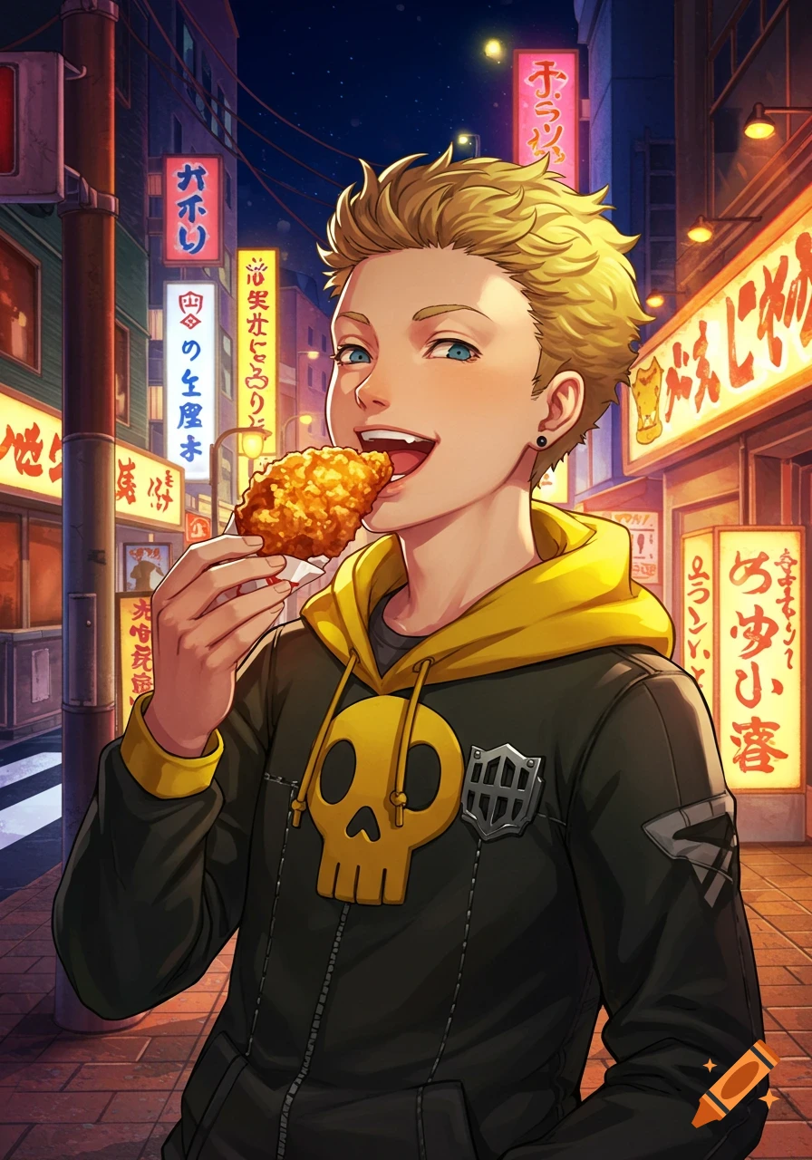 An anime-style boy with blonde hair and blue eyes eats fried chicken on a neon-lit Japanese street at night.