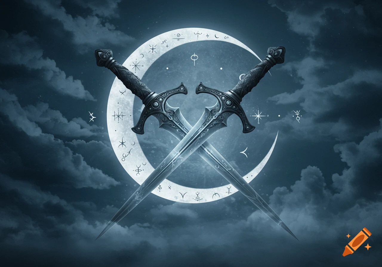 Two ornate daggers crossed in front of a full moon adorned with mystical symbols and set against a cloudy night sky.