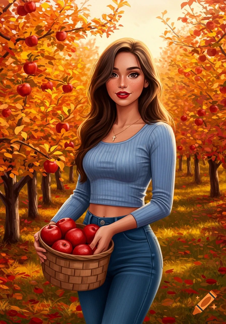 A young woman holding a basket of red apples in an autumn apple orchard, digital art style.