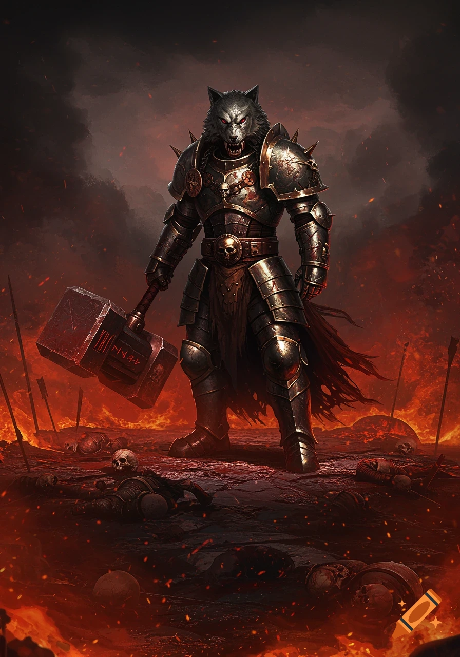 A monstrous wolf-headed warrior in dark, spiked armor holds a huge red hammer, standing among corpses and skulls in a fiery, desolate landscape.