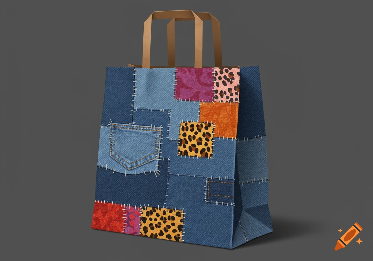 A paper bag designed with a patchwork of denim, colorful fabrics, and cheetah print, against a plain gray background.