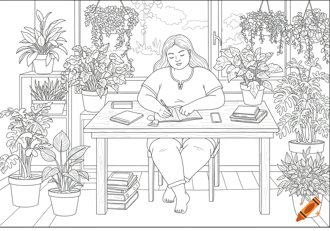 A black and white line art coloring page of a plus-size woman sitting at a desk, journaling, surrounded by potted plants and books.