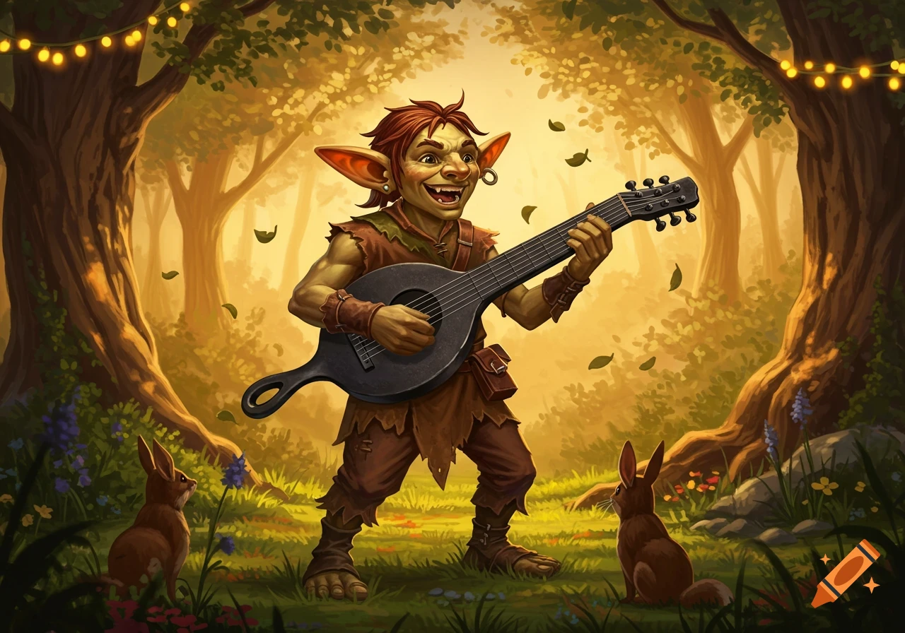 A smiling goblin with large ears plays a cast iron skillet lute in a sunlit forest, with two rabbits listening.