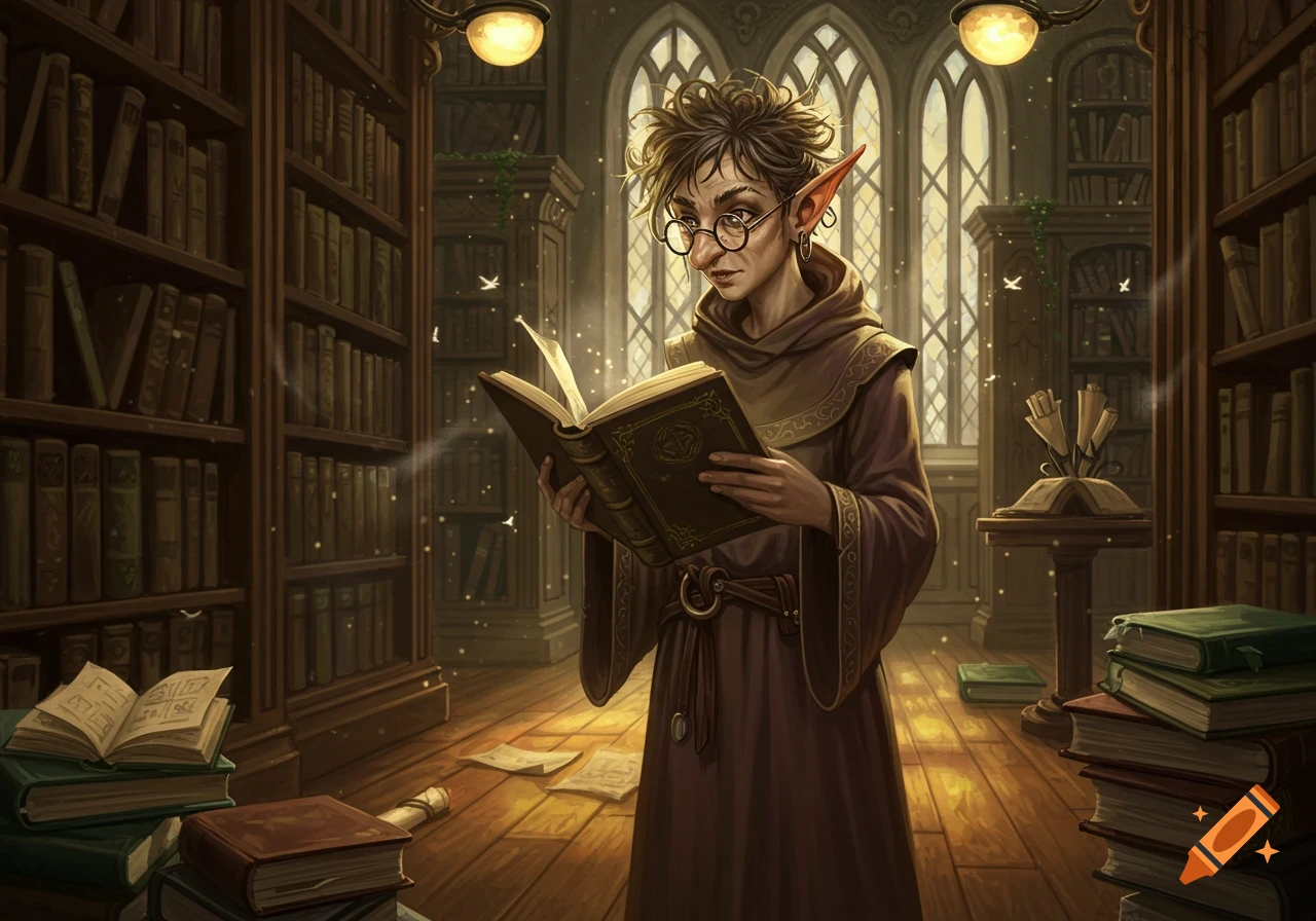 A nerdy elf librarian with a crooked nose and glasses reads a glowing book in a large, dimly lit library filled with bookshelves.