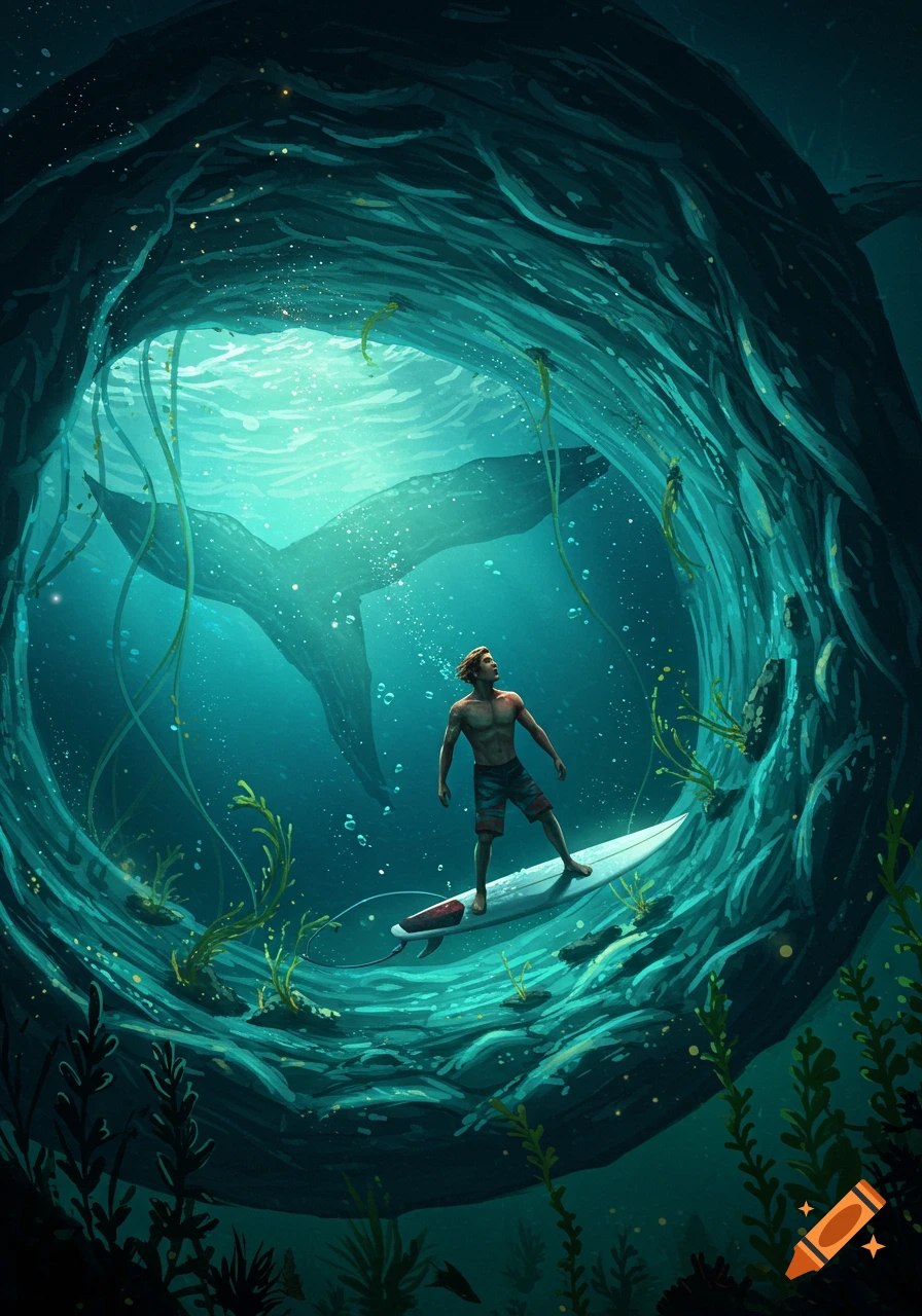 An illustrated surfer on a surfboard inside a cavernous underwater tunnel, with a whale's tail visible in the light above.