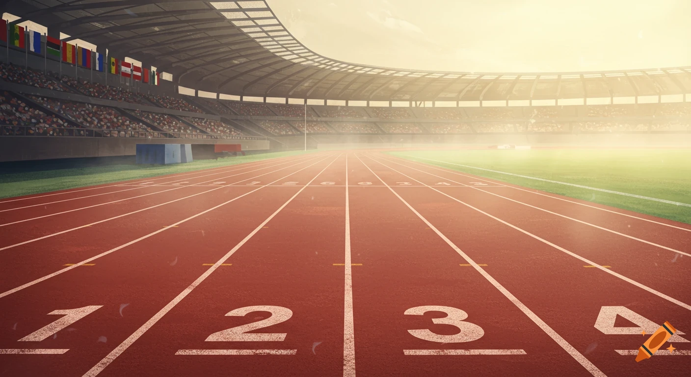Photorealistic running track with lanes 1-4 in a sunlit stadium, with flags visible in the background.