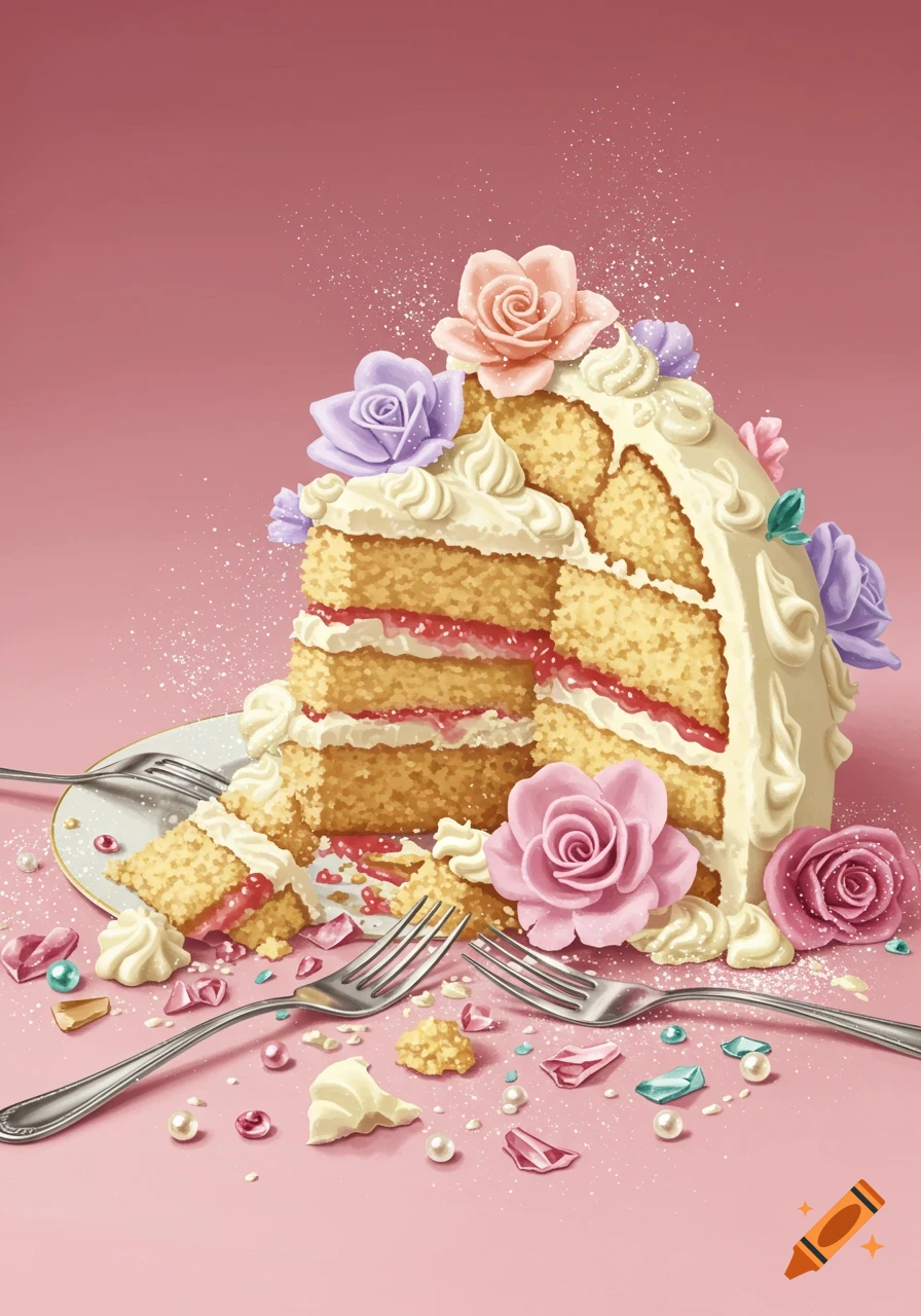 A colorful illustration of a partially eaten slice of wedding cake with white frosting, pink and purple roses, forks, and scattered sweets on a pink background.