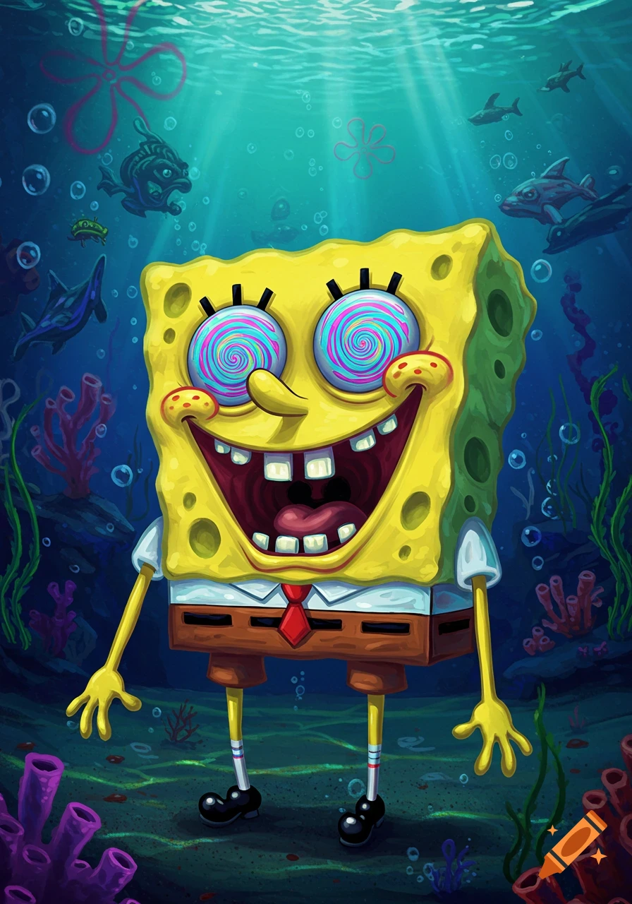 Spongebob Squarepants with psychedelic spiral eyes underwater, smiling with an open mouth.