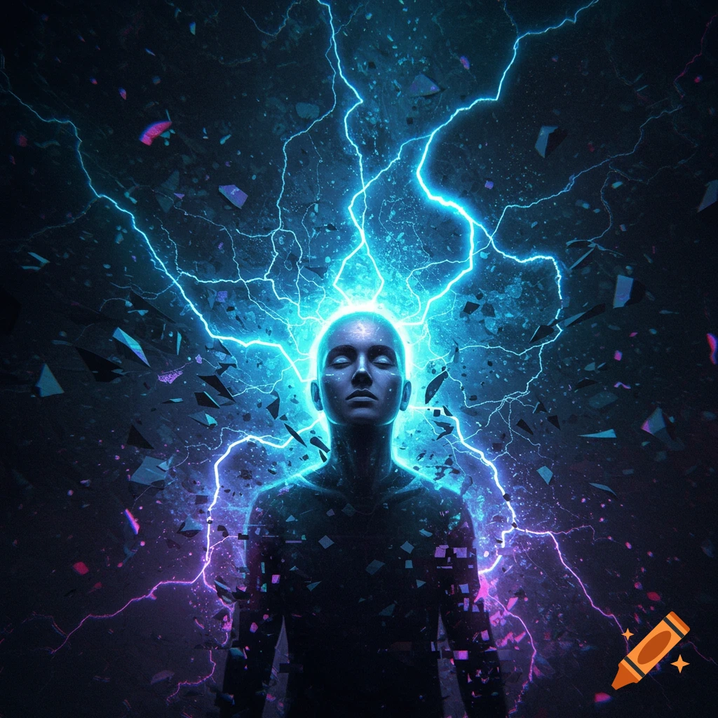 A bald person with closed eyes, engulfed in vibrant blue electricity and shattering fragments against a dark background, in a digital art style.