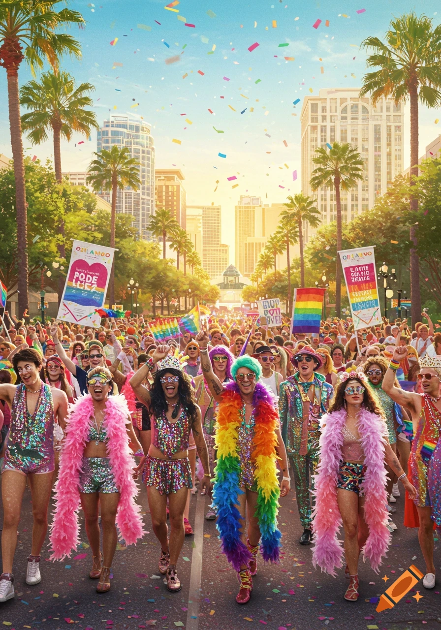 A vibrant and colorful Pride parade with a large crowd marching down a street lined with palm trees and city buildings under a sunny sky.