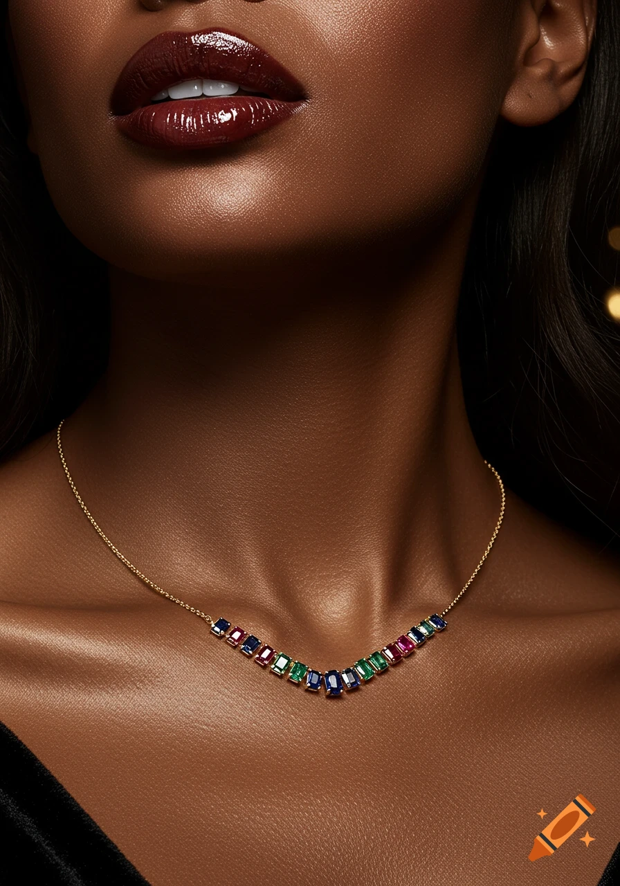 Close-up photorealistic shot of a woman with dark skin wearing a gold necklace with colorful rectangular gems and glossy red lips.