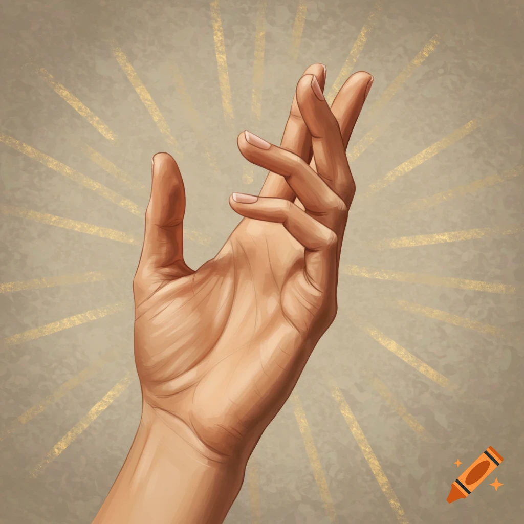 An illustrative painting of a hand reaching upwards, with golden light rays on a beige background.