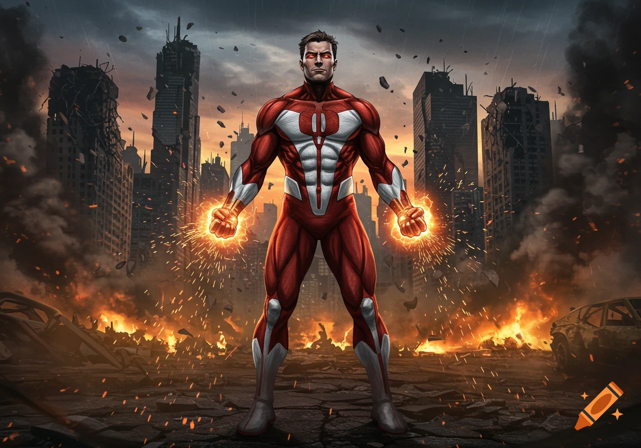 A powerful superhero in a red and white suit stands with glowing fists in a burning, destroyed city at dusk, in a comic book art style.