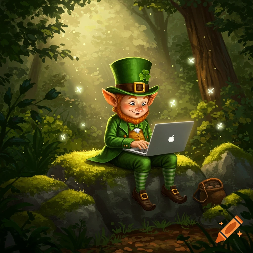 A friendly leprechaun with a green suit and top hat sits on a mossy rock in a sunlit forest, typing on a silver laptop.