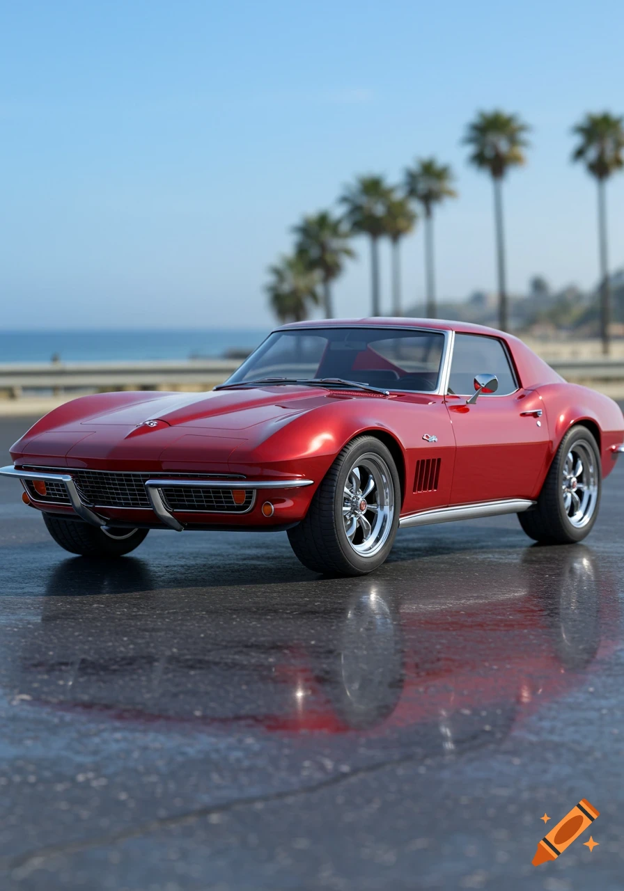 A shiny red classic Corvette coupe parked on a wet road with an ocean and palm trees in the background, photorealistic.