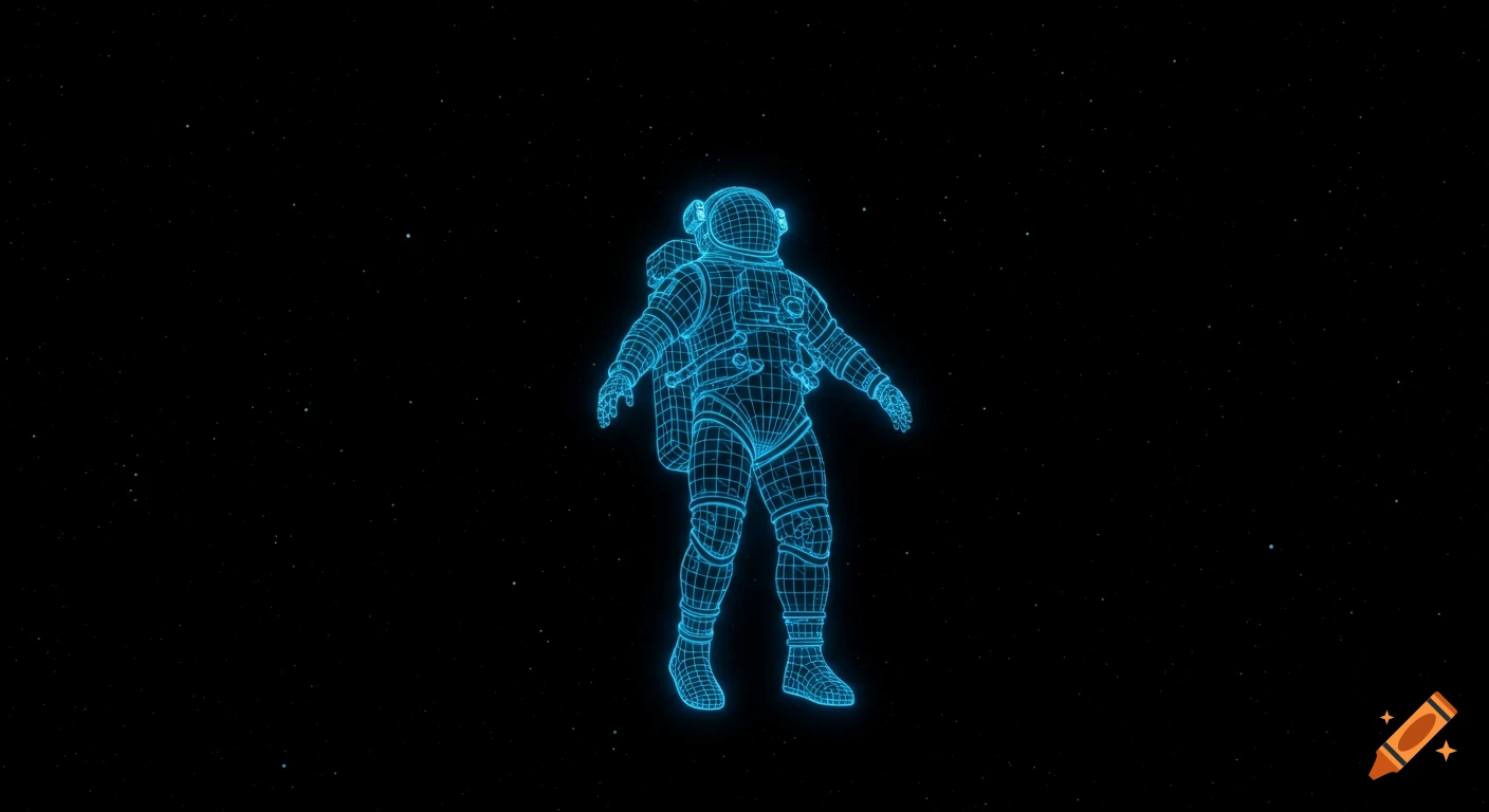 A glowing blue wireframe astronaut floats in a dark space void with distant stars.