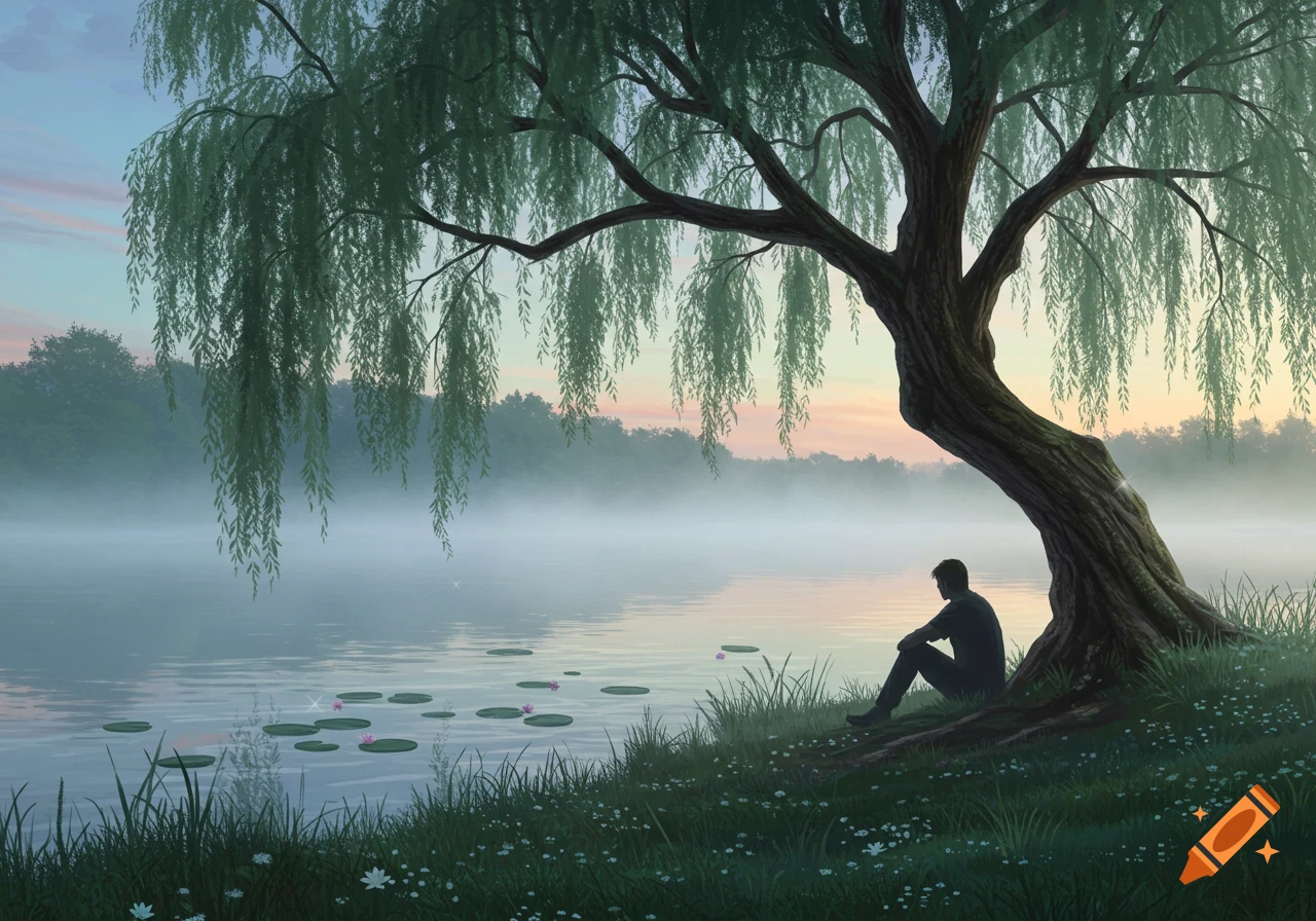 A person sits under a weeping willow tree next to a calm, misty lake with lily pads at dusk.