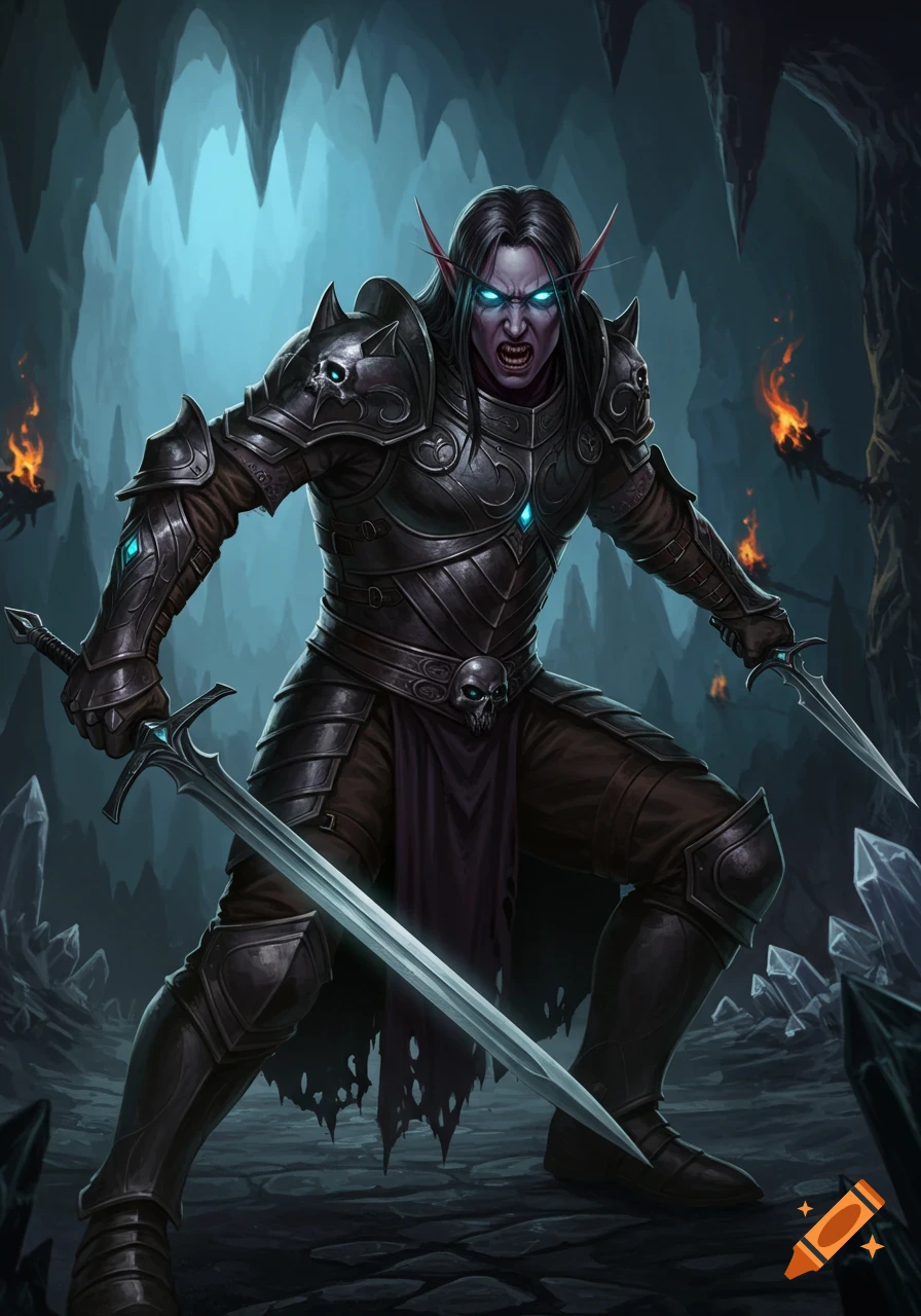 A dark elf fighter in black armor with glowing blue eyes, dual-wielding a sword and dagger in a dark, crystal-filled cave.