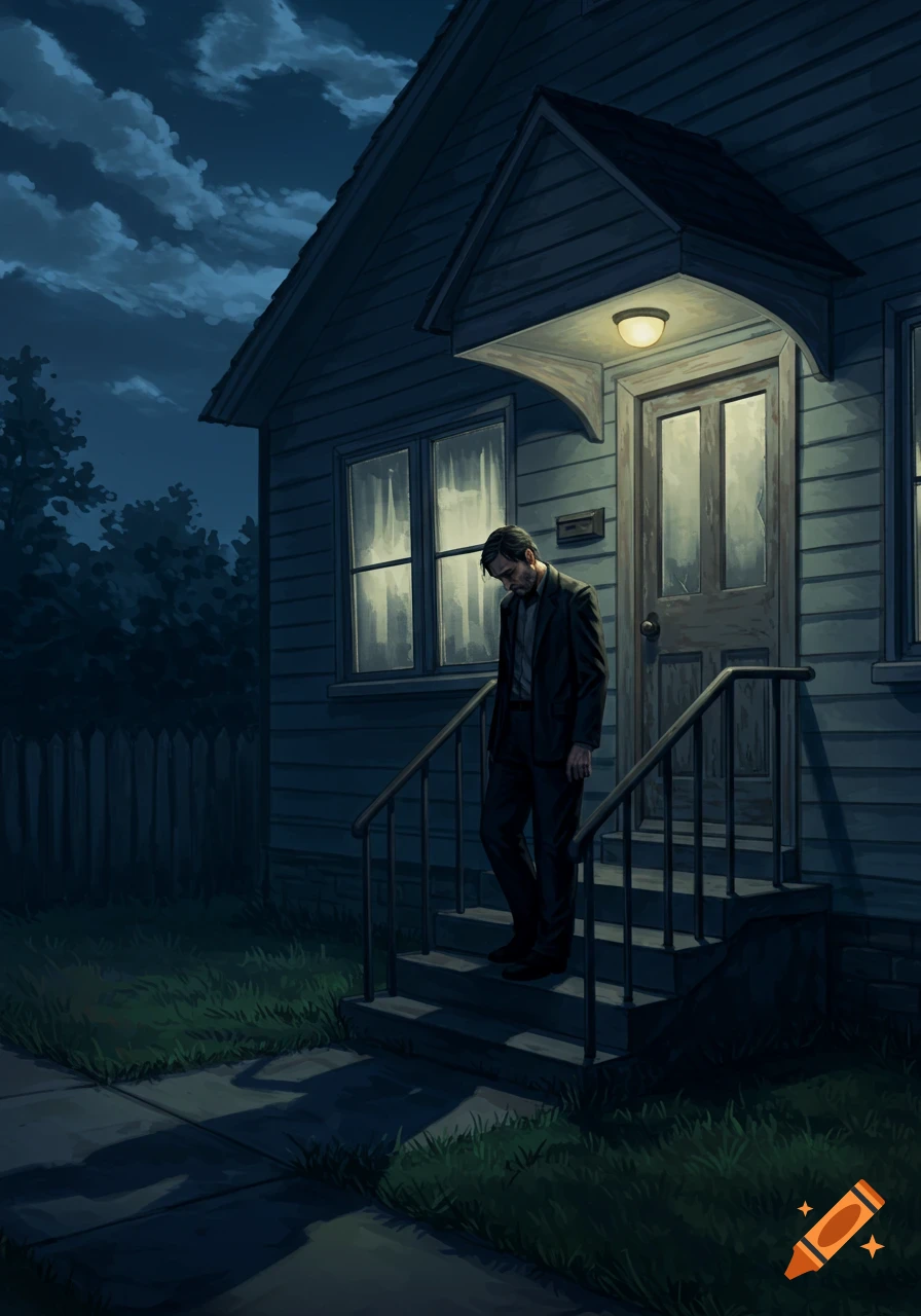 An illustration of a disheveled man in a suit, with his head down and shoulders slumped, standing on the steps in front of his house at night.