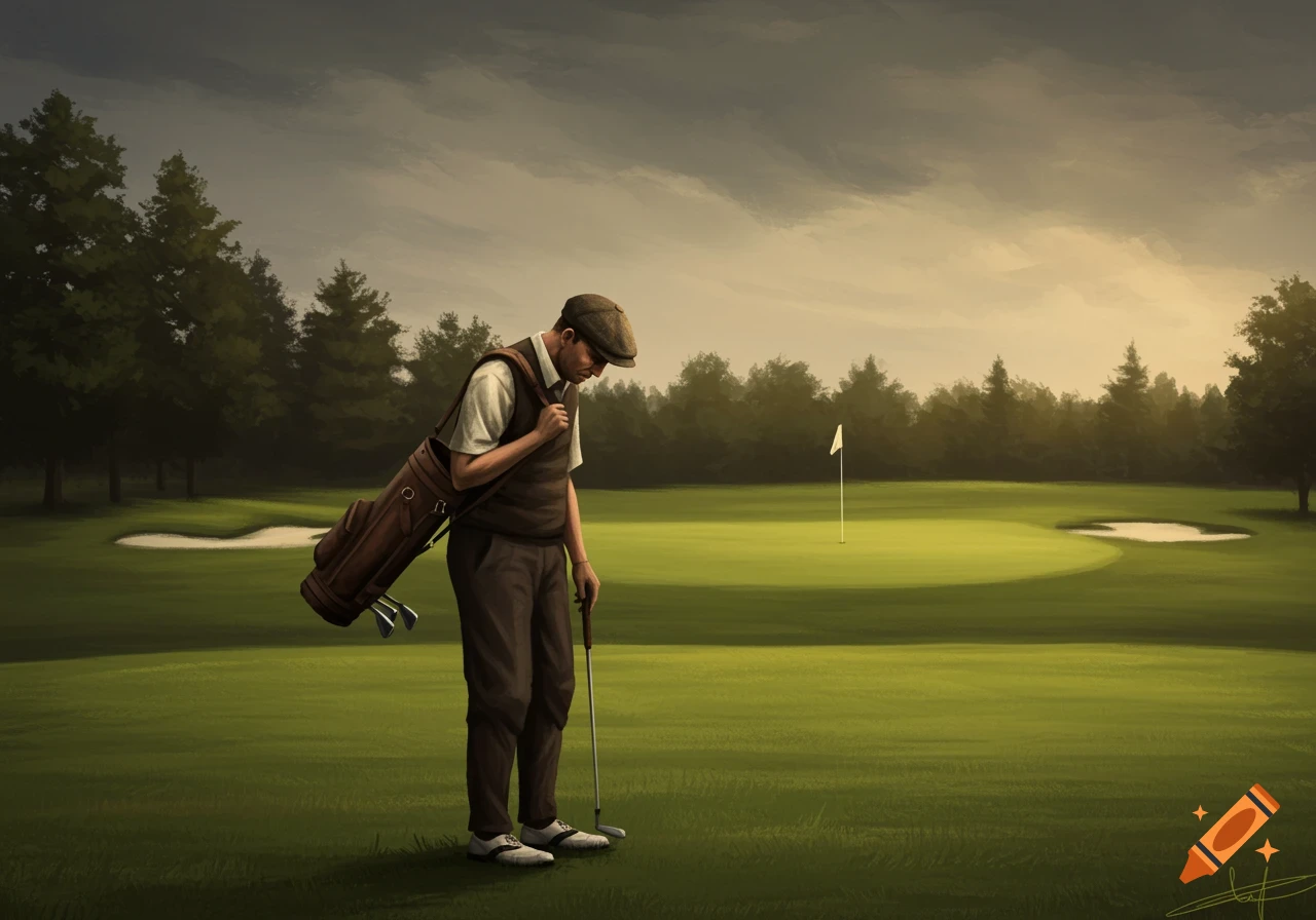 A stylized illustration of a sad golfer looking down on a golf course green with a flag and sand trap.