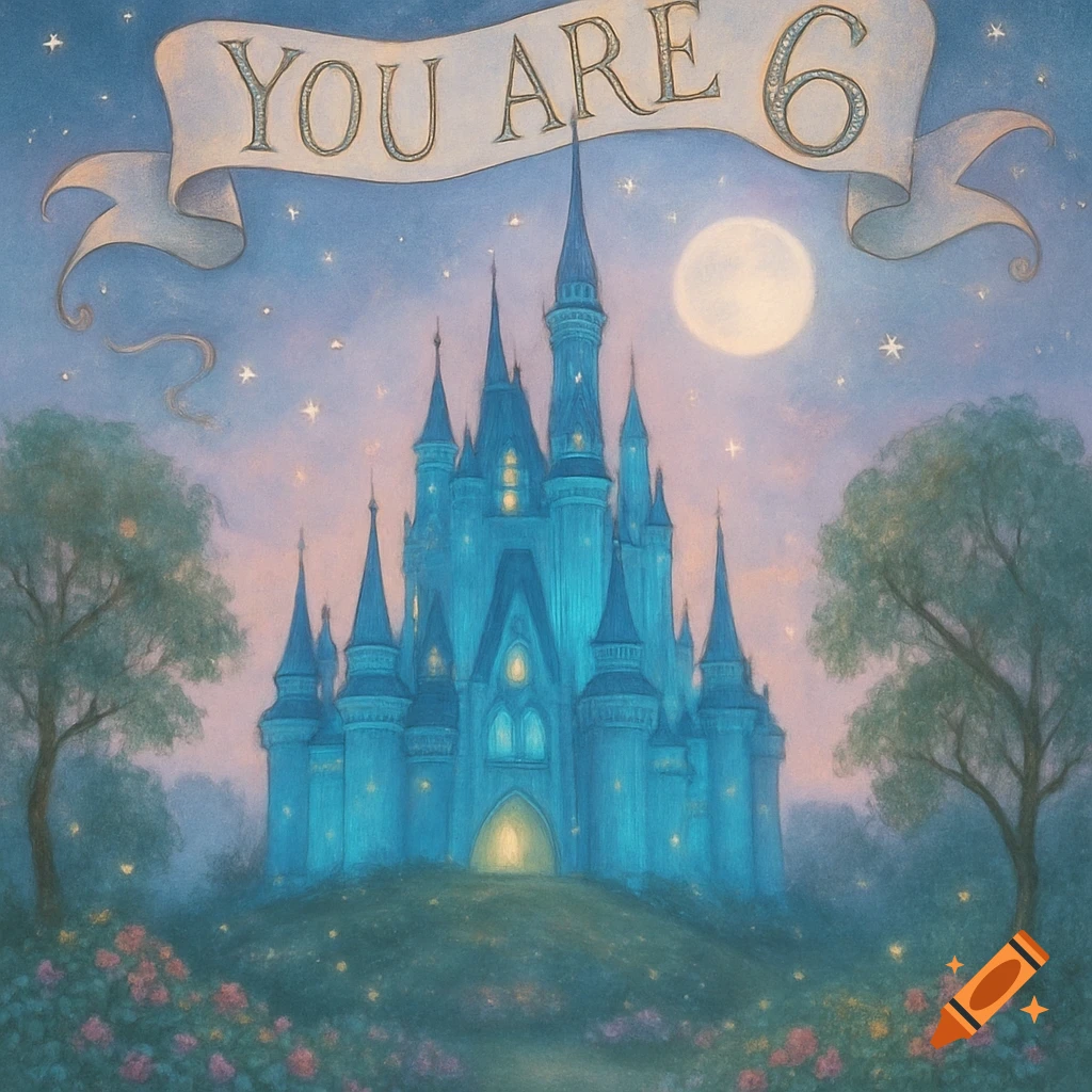 Dreamy illustrated Cinderella-style castle at night under a full moon with a banner reading 'YOU ARE 6'.