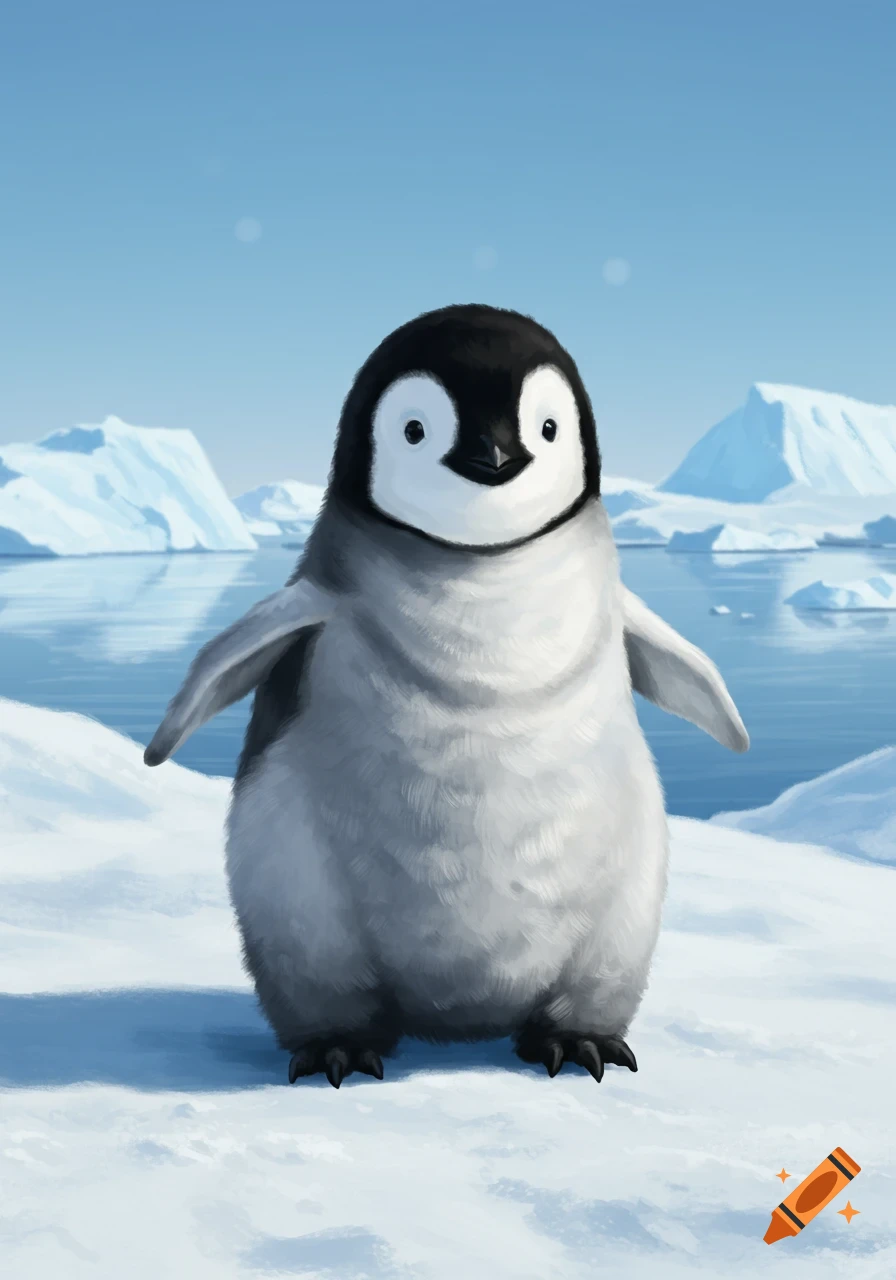 A cute, fluffy baby penguin stands in a snowy arctic landscape with icebergs and water in the background, illustrated style.