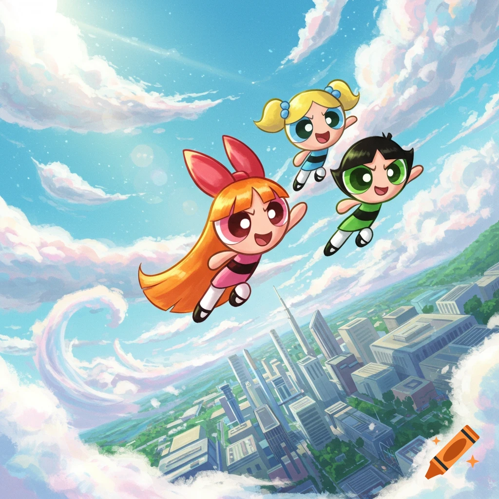 The Powerpuff Girls, Blossom, Bubbles, and Buttercup, fly over a city under a bright blue sky with clouds in a cartoon style.
