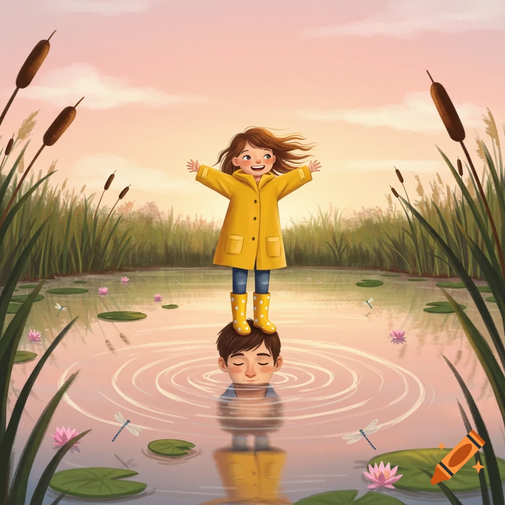 A whimsical illustration of a girl in a yellow raincoat standing on a boy's head in a pond surrounded by cattails.
