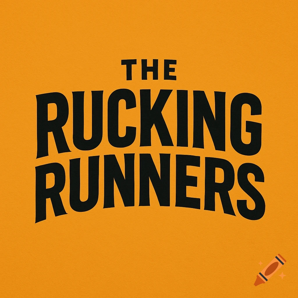 A logo with the words "THE RUCKING RUNNERS" in bold black text, slightly curved, on a solid orange background.