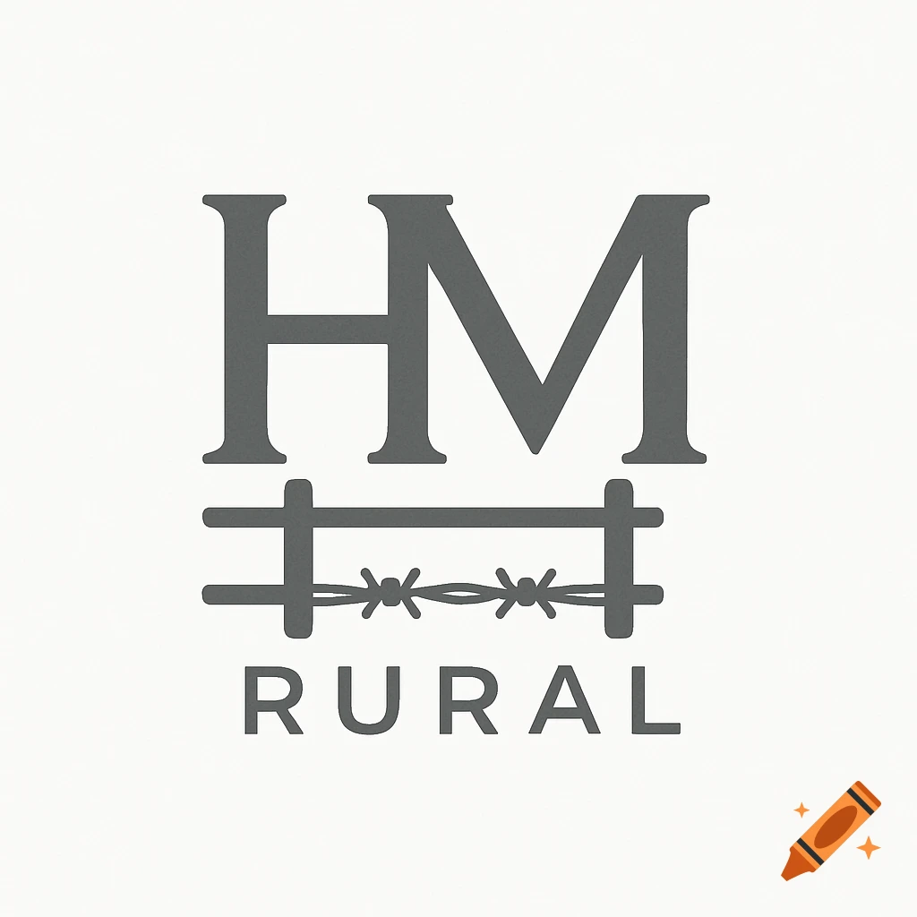 A minimalist logo with dark gray letters 'HM' above a fence with barbed wire, and the word 'RURAL' below, on a light gray background.