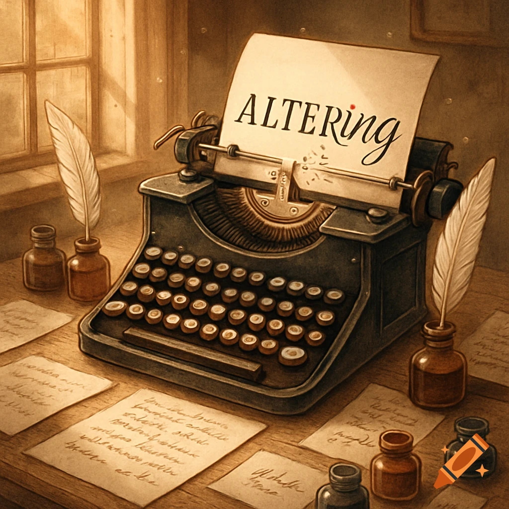 A vintage typewriter with the word 'ALTERING' on the paper, surrounded by ink bottles, quill pens, and scattered handwritten notes on a wooden desk. The scene is bathed in warm, soft light.