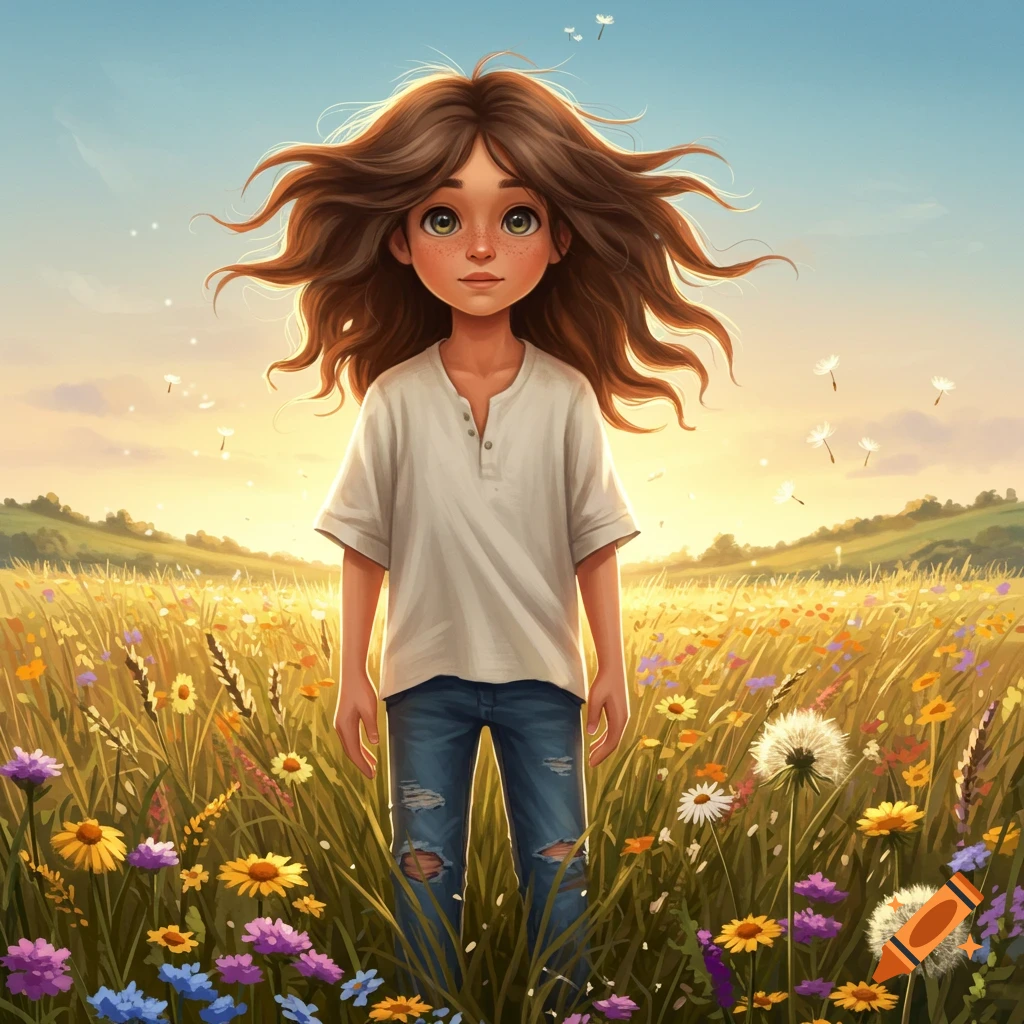 Illustrated child with long brown hair standing in a sunny field of colorful wildflowers.