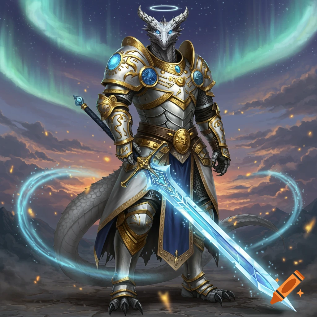 A majestic white Dragonborn paladin in ornate gold and silver armor stands holding a glowing blue sword under an aurora-lit sky.