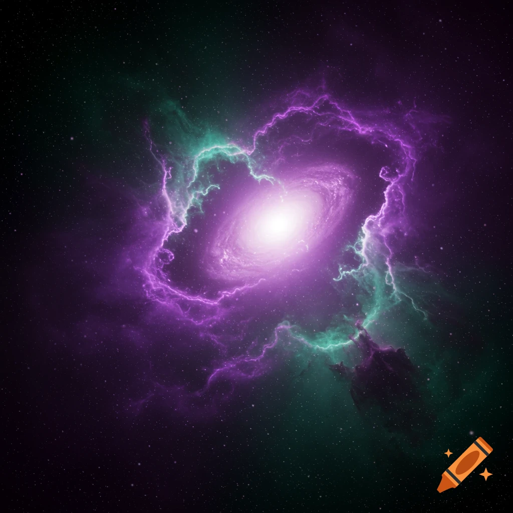 A vibrant purple and green galaxy in deep space, surrounded by swirling nebulae and distant stars.