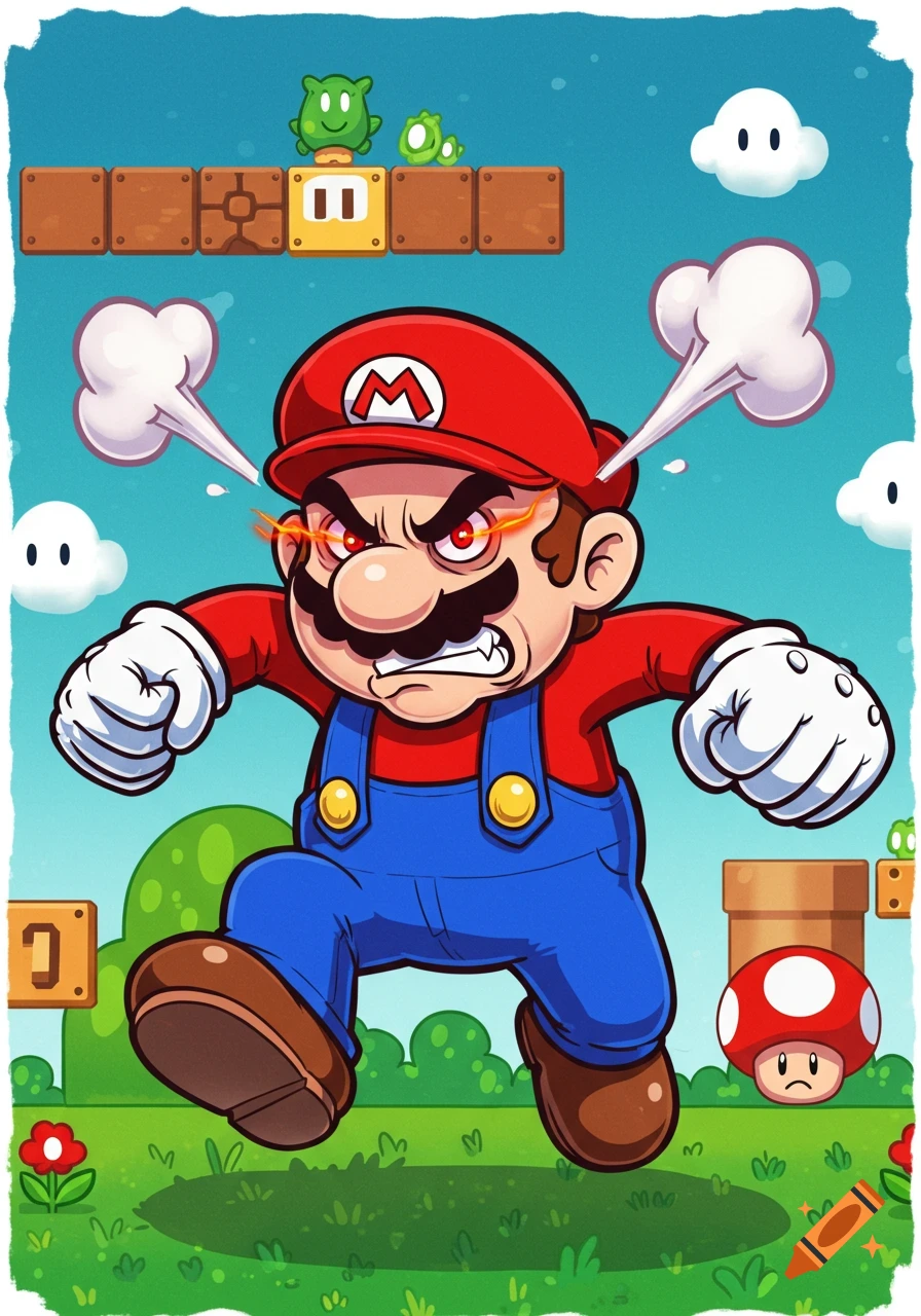 Cartoon illustration of a very angry Super Mario with glowing eyes and steam, clenching his fists in a pixelated game level.