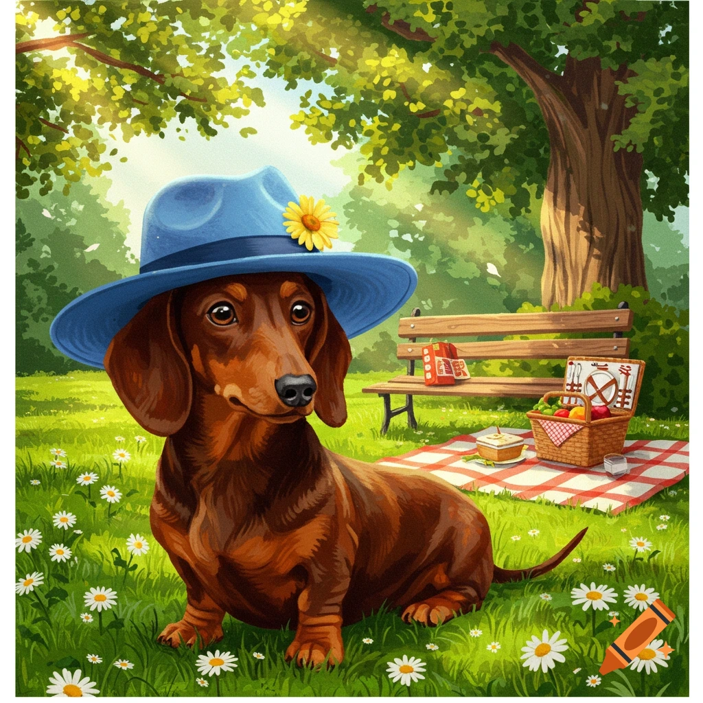 An illustrated brown dachshund wearing a blue hat with a yellow flower sits in a daisy-filled park near a picnic.