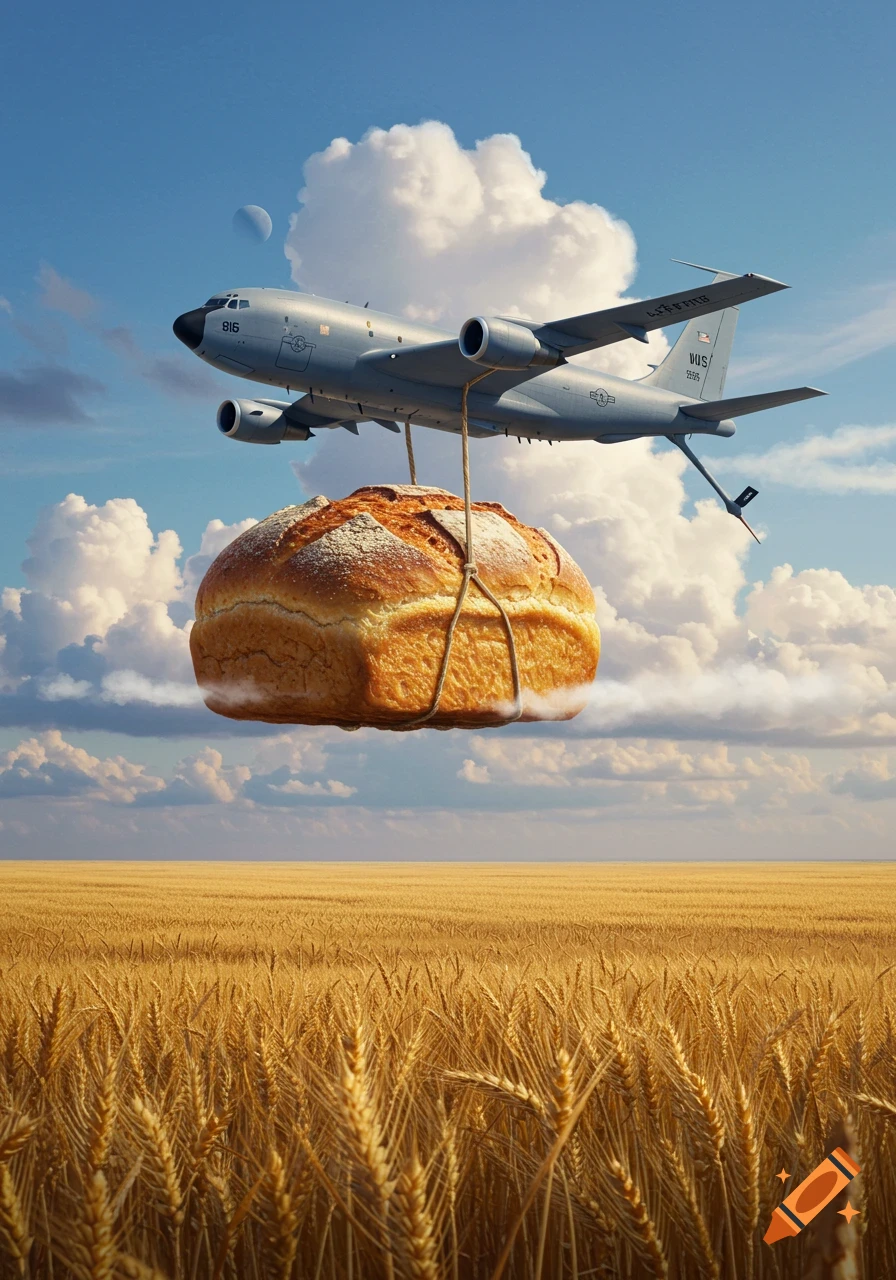 A large grey military airplane carries a gigantic loaf of bread with ropes over a vast golden wheat field under a blue sky with white clouds. A small moon is visible in the sky.