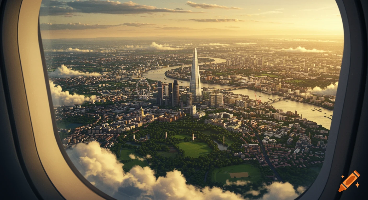 Photorealistic aerial view of London cityscape from an airplane window at sunset, with the River Thames and The Shard.