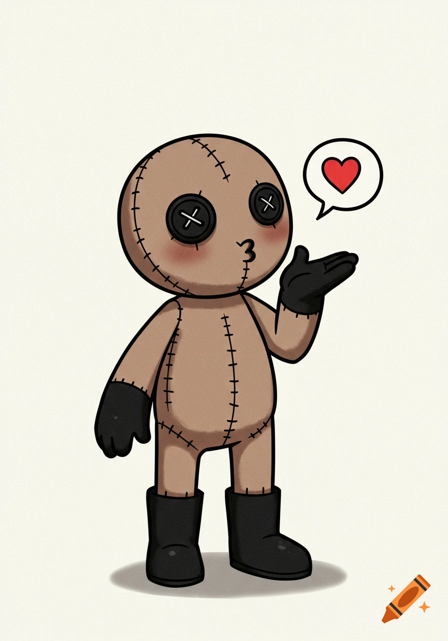 A cute, brown voodoo doll-like character with button eyes blows a kiss, with a red heart in a speech bubble.