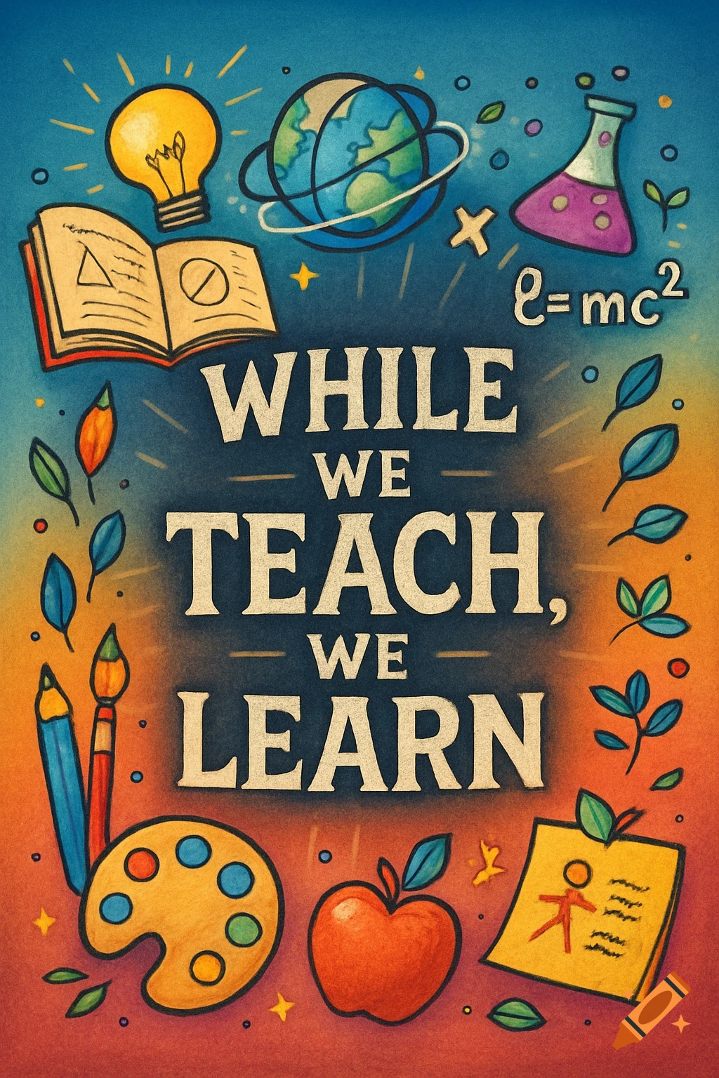 A vibrant, hand-drawn style poster with educational symbols like a lightbulb, globe, book, beaker, art supplies, and an apple surrounding the central text "WHILE WE TEACH, WE LEARN". The background fades from blue to orange.