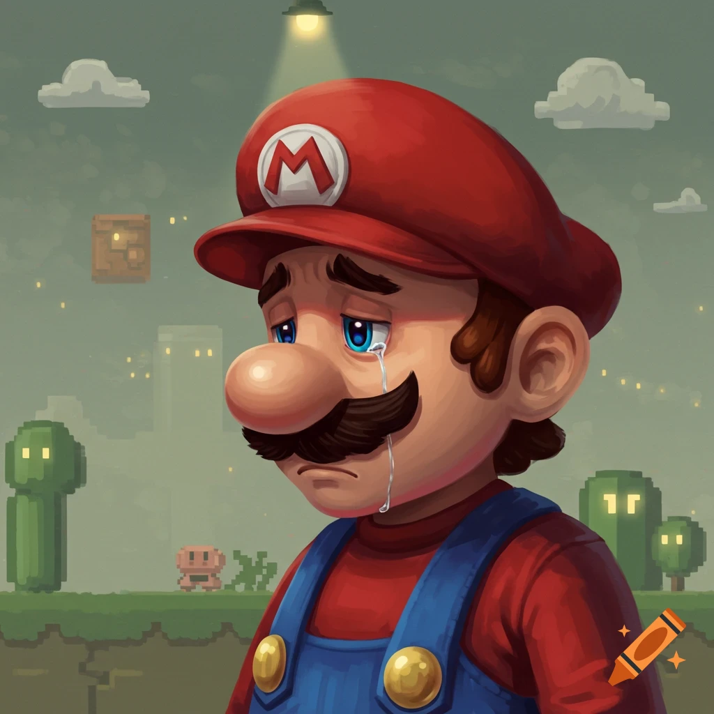 A stylized image of a sad Mario crying a single tear in a pixelated video game world.