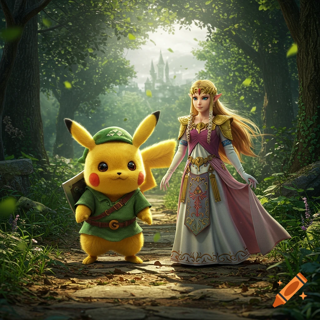 Pikachu dressed as Link and Princess Zelda stand on a forest path, with a distant castle under a bright sky, in a realistic fantasy style.