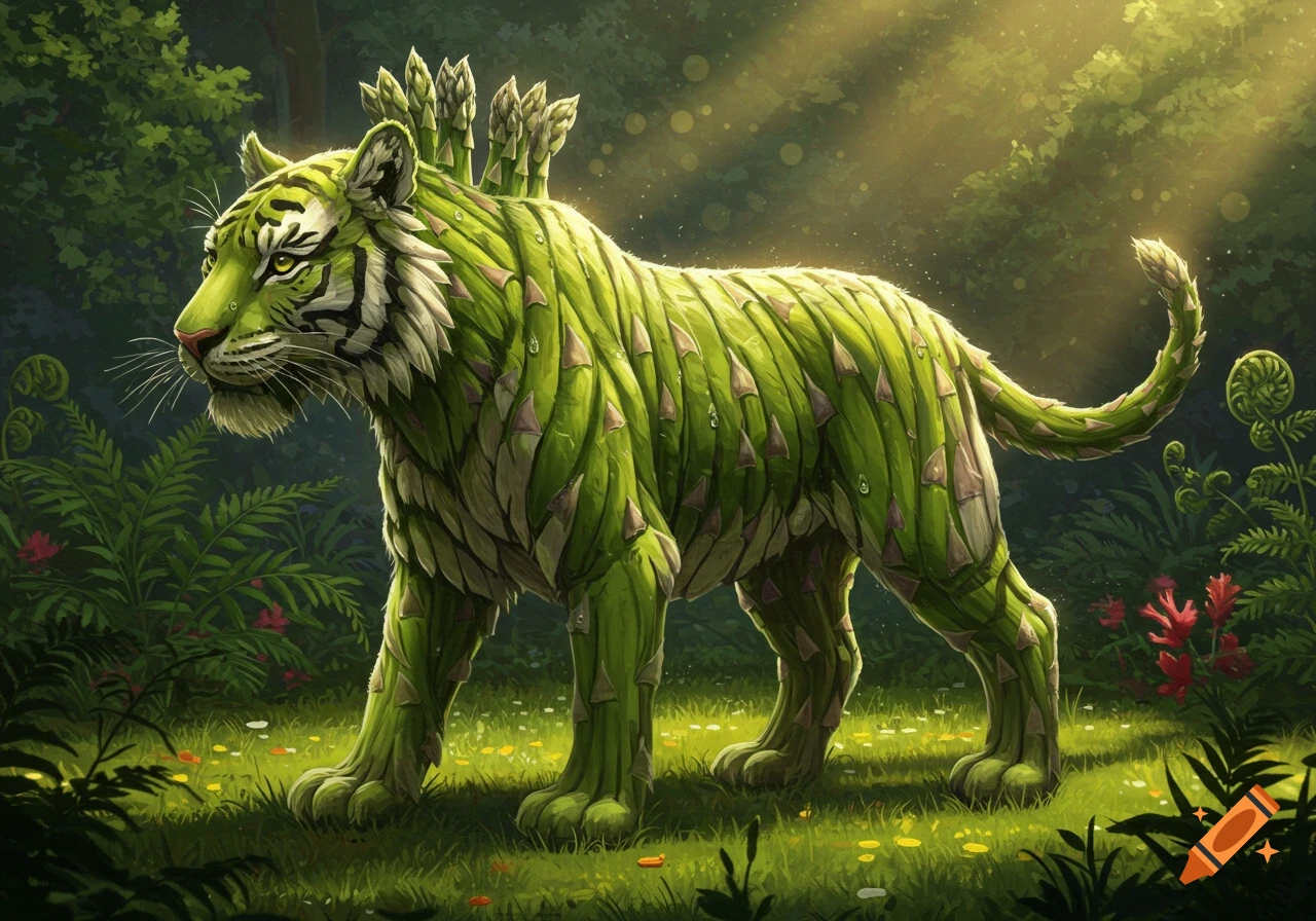 A majestic tiger-like creature made entirely of green asparagus stalks and tips stands in a sun-dappled forest.