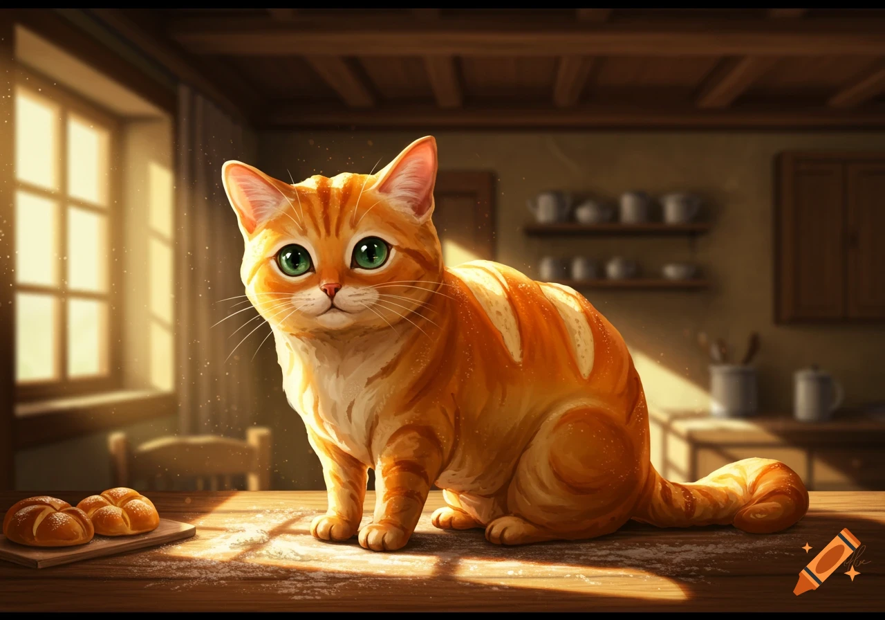 Orange cat resembling a loaf of bread with green eyes sits on a sunlit kitchen table with bread rolls.