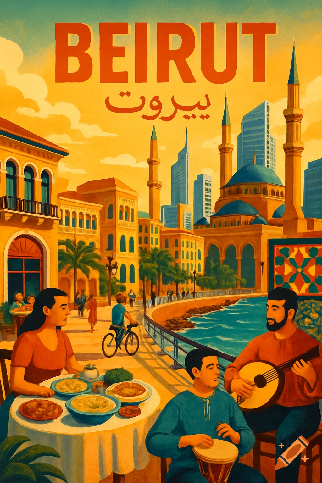 Vibrant travel poster of Beirut featuring the Corniche, historic buildings, modern skyscrapers, musicians, and diners. Text 'BEIRUT'.