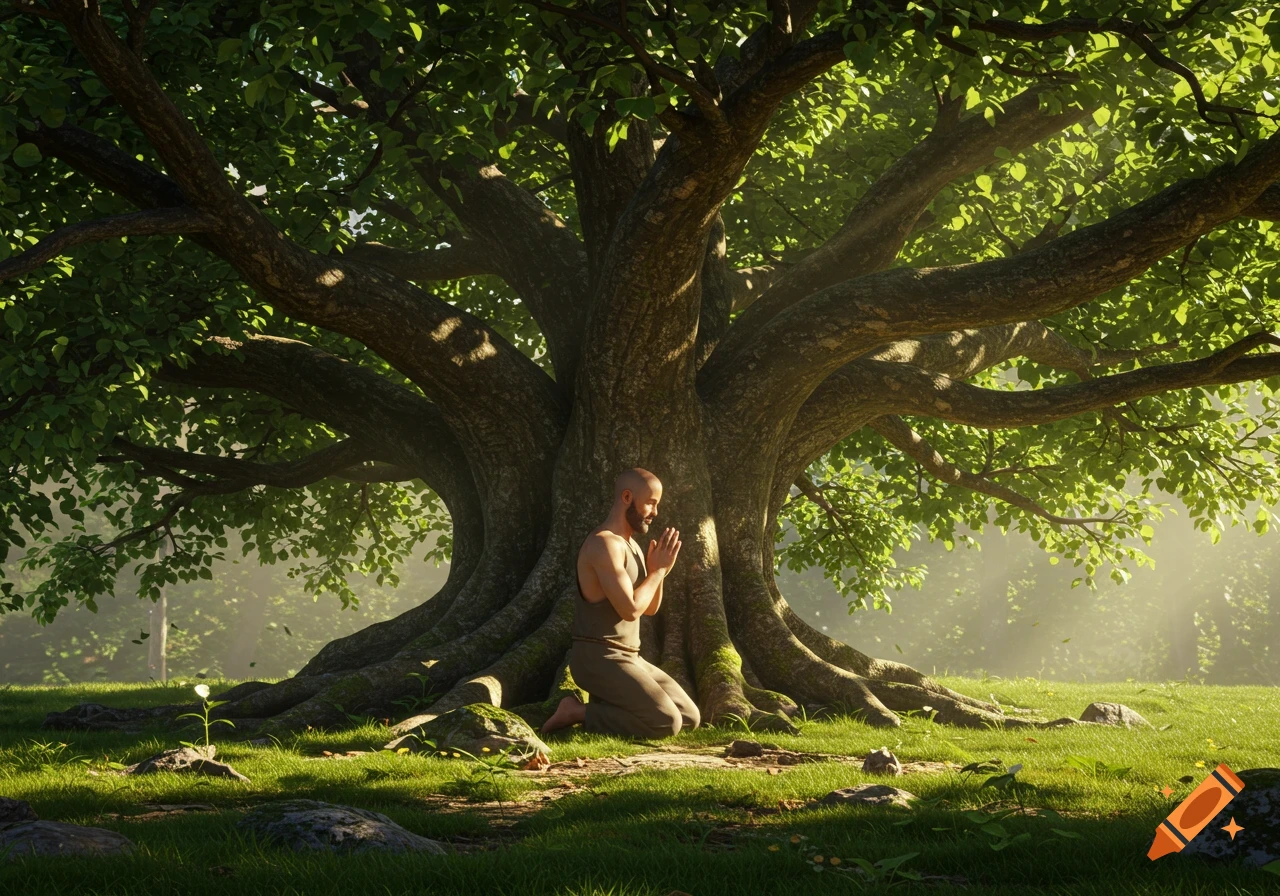 A man kneels in prayer under a massive, lush green tree in a sunlit grassy field, photorealistic style.