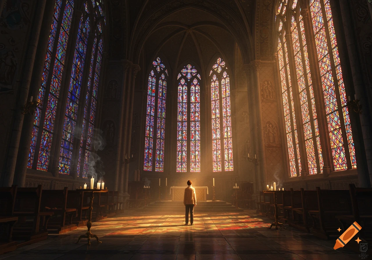 A lone figure stands in a vast, sunlit church with colorful stained-glass windows.