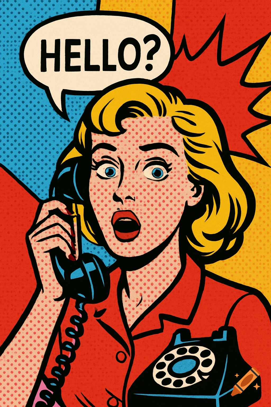 Lichtenstein-style pop art of a surprised woman on a phone saying 'HELLO?'.