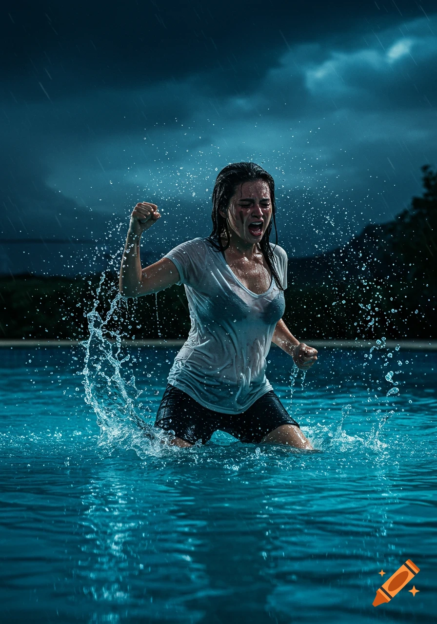 A woman in a wet t-shirt and shorts screams and punches water in a pool during a rainstorm.