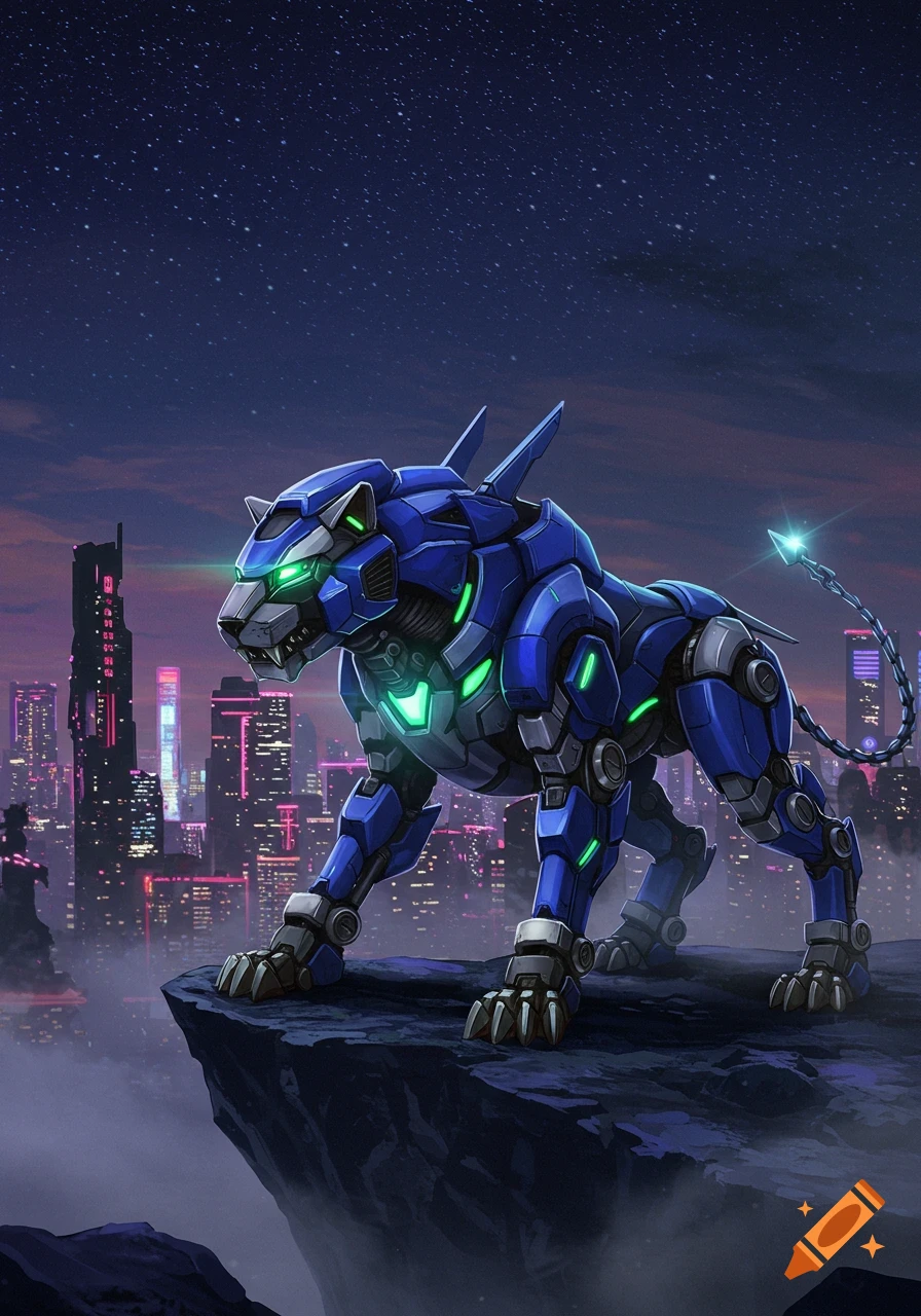 A blue robotic panther with glowing green eyes stands on a cliff overlooking a futuristic city at night under a starry sky.